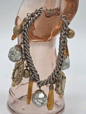 Vintage Amber and Silver Charm Bracelet
